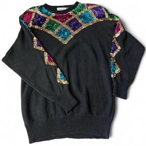 Vtg Marnie West Black Sweater with Sequins Festive Grandmacore Size L